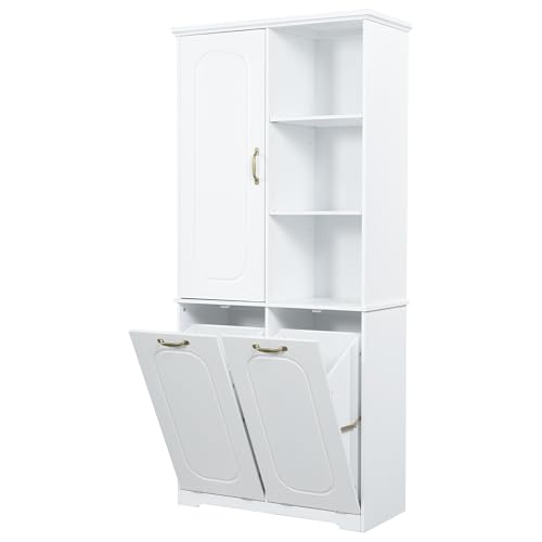 68" Tall Bathroom Storage Cabinet with One Door Shelf and Two Laundry Hampers for Home Display Organizer