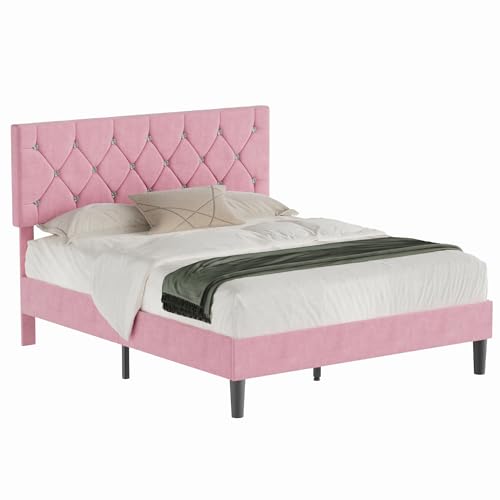 Queen Size Bed Frame with Diamond Tufted Headboard