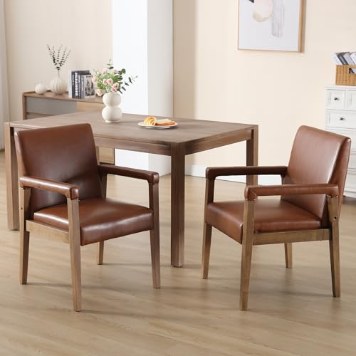 Modern Dining Chairs Set of 2 Faux Leather Kitchen Arm Chairs Upholstered Accent Chairs with Wooden Legs for Dining Room (2 Count)