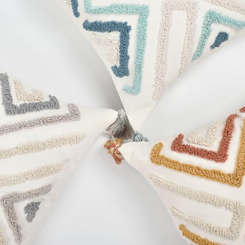 Boho Pillow Covers 18X18 Inch Boho Tufted Throw Pillow Covers Decorative Tassels Cushion Cover Farmhouse Pillow Case for Couch Sofa Bed Living Room Bedroom