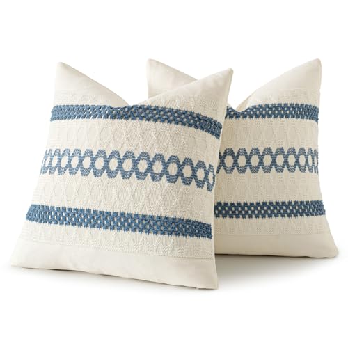 Set of 2 Coastal Blue Boho Decorative Pillow Covers 18x18 Inch (2 Count)