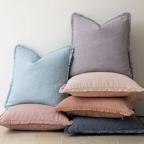 Decorative Linen Fringe Throw Pillow Covers 20×20 Light Purple (2 Count)