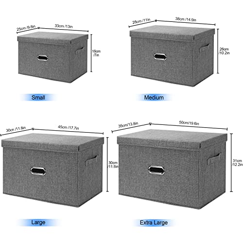 Large Linen Fabric Foldable Storage Bins with Removable Lid and Handles