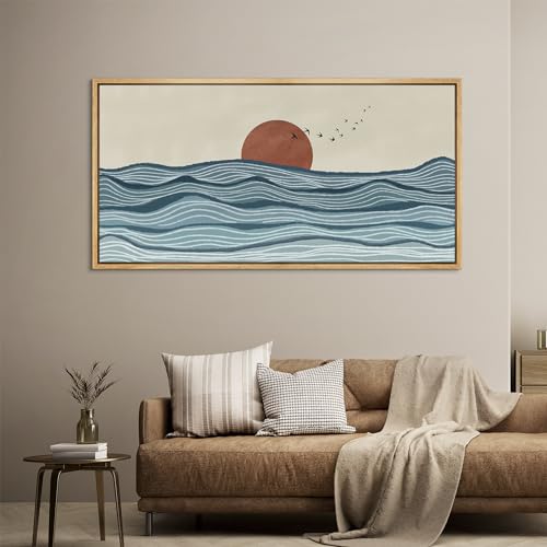 Extra Large Framed Canvas Print Wall Art Calm Seascape Ocean Waves and Setting Sun Illustrations Antique Retro Fine Art Illustrations Decorative Colorful for Bedroom