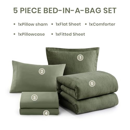 Twin XL Comforter Set Olive Green 5 Pieces Bed in a Bag for Dorm