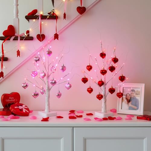 Valentines Day Decorations 2Pack Birch Tree with Hanging Heart (2 Count)