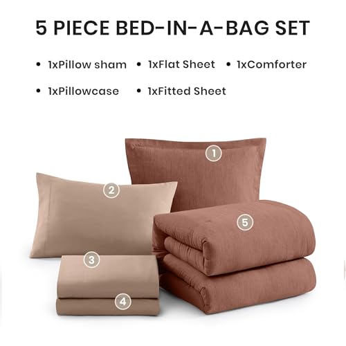 Twin XL Comforter Set 5 Pieces Terracotta Bed in a Bag for Dorm