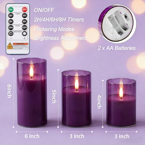Purple Glass Flameless Candles (3 Count)