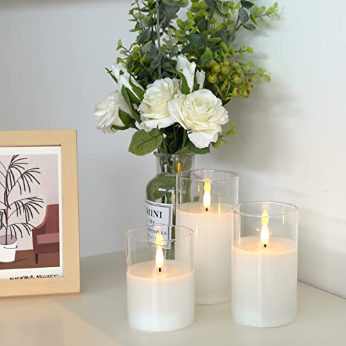 White Glass Flameless LED Candles Battery Operated with Remote Timer (3 Count)