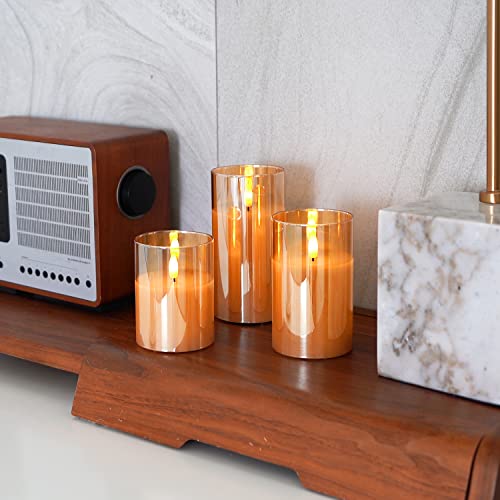 Gold Glass Flameless LED Candles Battery Operated with Remote Timer (3 Count)
