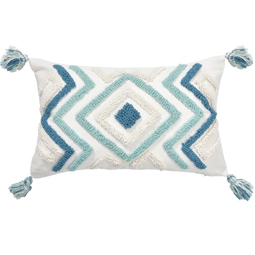 Lumbar Boho Pillow Covers 12x20 Tufted Teal for Couch Bed Teal