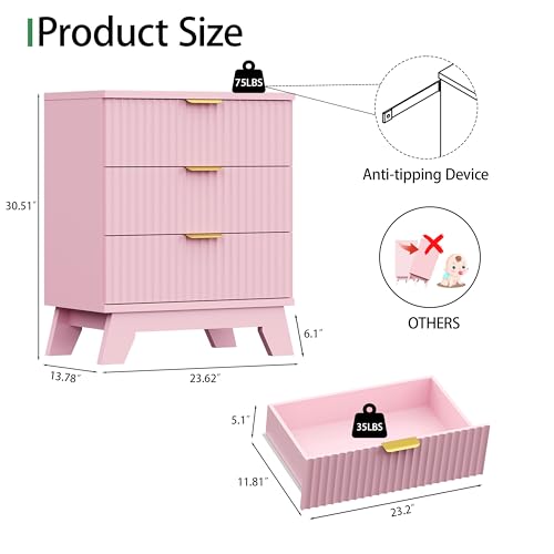 Fluted Dresser for Bedroom with 3 Drawers