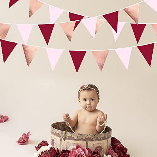 Burgundy Party Decorations Rose Gold Maroon Pink Fabric Triangle Pennant Banner Pink Garnet Flag Bunting Garland for Graduation Wedding Birthday Bridal Shower Bachelorette Anniversary Party Supplies (36 Count)