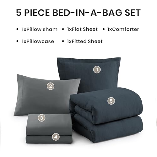 Twin XL Comforter Set 5 Pieces Navy Blue Bed in a Bag for Dorm