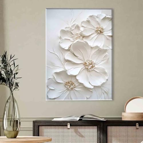 White Flower Canvas Wall Art Abstract Floral Pictures Minimalist Botanical Poster Flower Texture Painting 16x24inch framed