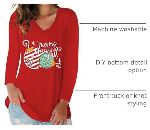 Womens V Neck Christmas Shirt Xmas Holiday Tshirt Long Sleeve Merry Christmas Lights Tee Tops Red XXL