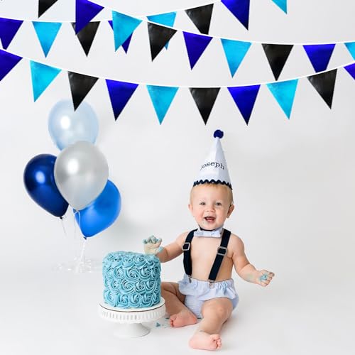 Black Blue Party Decorations Metallic Fabric Triangle Pennant Banner Flag Bunting Garland for Video Game Nautical Birthday Graduations Retirement Wedding Bachelorette Outdoor Holiday Party Supplies (32 Foot)