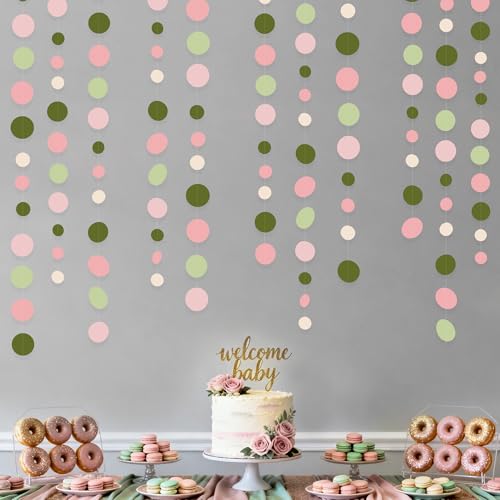 Sage Green and Dusty Pink Polka Dots Garlands Olive Green Dusty Rose Beige Hanging Paper Circle Dots Streamer for Girls Birthday Wedding Shower Engagement Bachelorette Party Decorations Supplies