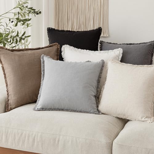 Boho Linen Fringe Lumbar Throw Pillow Covers 12×20 Light Gray (2 Count)