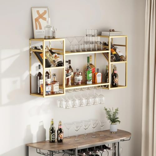 Wall Mounted Wine Rack with Glass Holder for Home Bar Storage