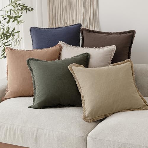 Decorative Linen Fringe Throw Pillow Covers 22×22 Inch (2 Count)