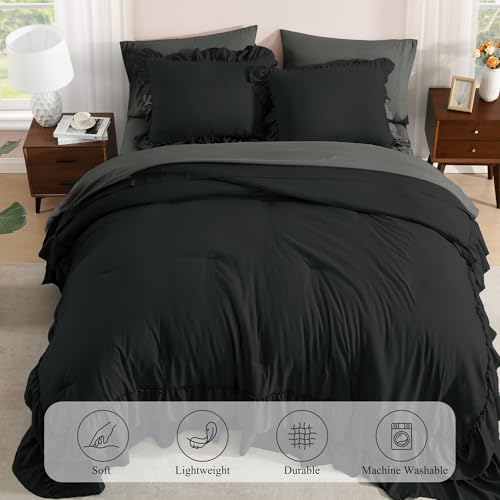 Queen Comforter Set Black Ruffle 7 Pieces Farmhouse Bed in a Bag