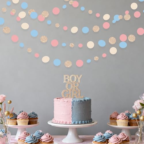 Champagne Gold Dusty Pink Blue Cream Beige Circle Dot Hanging Streamer Polka Dot Garland Banner for Birthday Wedding Bridal Shower Engagement Boho Gender Reveal Party Decorations Supplies