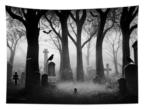 Spooky Halloween Cemetery Tapestry Scary Tombstone with Dead Trees Forest Tapestry Wall Hanging Horror Ghost Party Background Tapestry for Bedroom Living Room Dorm 80Wx60L Inches