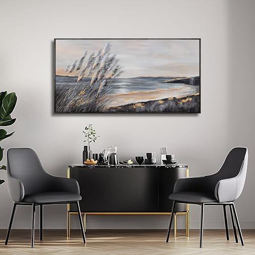 Ocean Wall Art Grey and Black Wall Decor Framed art Aesthetic Coastal Canvas Painting for Living Room Bedroom Dining Room Office Home Decor 24x48 Inch