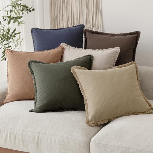 Decorative Linen Fringe Throw Pillow Covers 22×22 Light Khaki (2 Count)