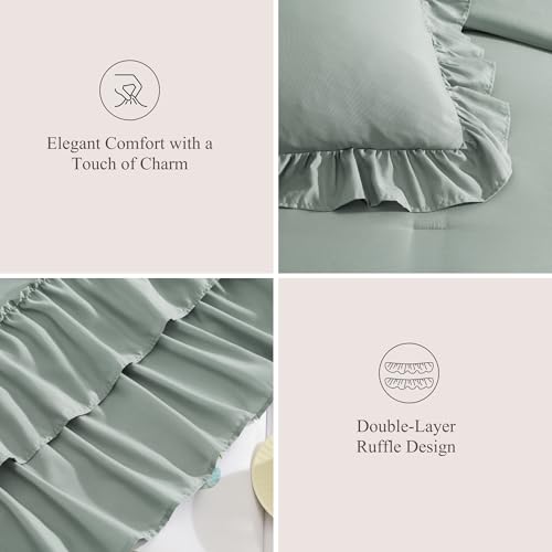 Queen Comforter Set Sage Green Ruffle 7 Pieces Farmhouse Bed in a Bag