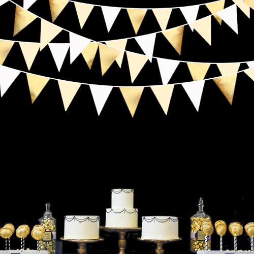 White and Gold Party Decorations Gold Beige White Fabric Triangle Pennant Banner Flag Bunting Garland for Graduation Wedding Birthday Bridal Shower Anniversary Engagement Baptism Party Supplies (36 Count)