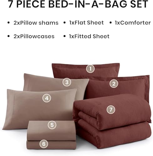 California King Comforter Set 7 Pieces Dark Red Bed in a Bag