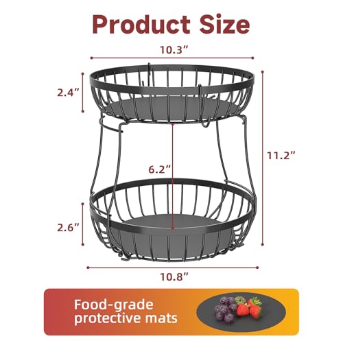 2 Tier Large Fruit Bowl for Kitchen Counter with 2 Banana Hangers