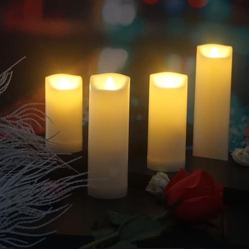 Waterproof Outdoor Battery Operated Flameless Candles with Auto Timer Flickering Plastic Resin Electric LED Slim Pillar Lights for Lantern Patio Garden Wedding Party Decorations 4 Pack (4 Count)
