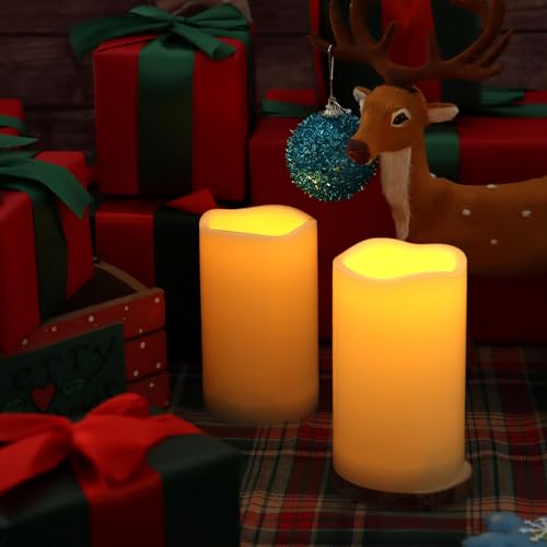 Waterproof Outdoor Battery Operated Flameless Candles with Remote Timer Plastic Realistic Flickering Fake Electric LED Pillars Lantern Garden Wedding Christmas Decorations 3”x5” 6 Pack
