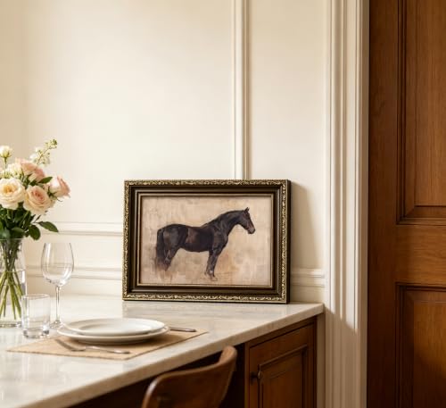 Vintage Gold Framed Black Horse Wall Art