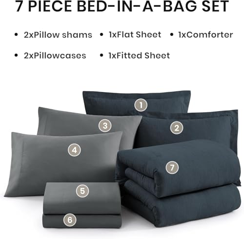 California King Size Comforter Set 7 Pieces Navy Blue Bed in a Bag