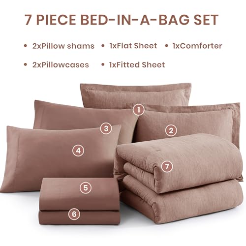 Queen Comforter Set 7 Pieces Dusty Pink Cationic Dyeing Bed in a Bag