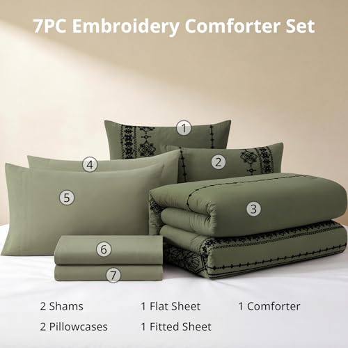 Queen Comforter Set Embroidery Floral 7 Pieces Bed in a Bag