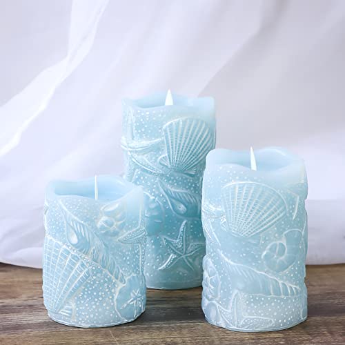 Ocean Flameless Candles with Remote Carved Seashell Real Wax Flicker Battery Operated Candles for Home Party Wedding Nautical Summer Christmas Decor (3 Count)