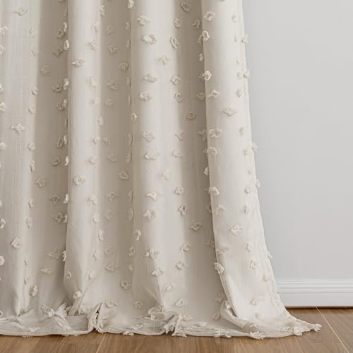 100% Blackout Curtains for Nursery Thermal Insulated Beige Pom Pom Curtain 72 Inch Length for Girls Bedroom 2 Panels Grommet White Sheer Drapes for Kitchen Dining Room Door (2 Count)