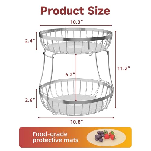 2 Tier Fruit Bowl for Kitchen Counter with Banana Hangers