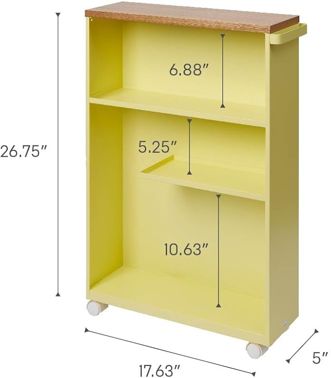 YAMAZAKI Home Slim Rolling Storage Cart – Narrow Bathroom Storage Cabinet with Handle, Slim Bathroom Storage Cart with Wheels, Easy Assembly, Steel + Wood, Yellow, 27" - Steel -