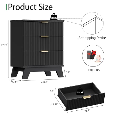 Fluted Dresser for Bedroom with 3 Drawers
