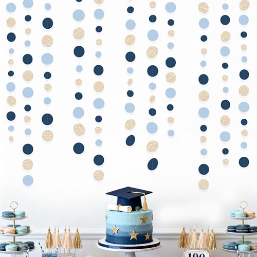 Navy Blue Champagne Gold Polka Dots Garland Hanging Paper Circle Dot Streamer for Birthday Wedding Shower Graduation Engagement Bridal Shower Bachelorette Retirement Party Decorations Supplies