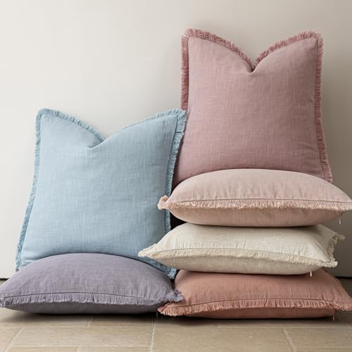 Decorative Linen Fringe Throw Pillow Covers 20×20 Inch (2 Count)