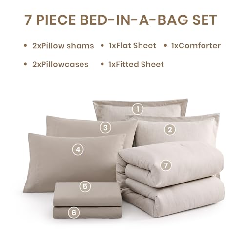 Queen Size Comforter Set 7 Pieces Oatmeal Beige Bed in a Bag