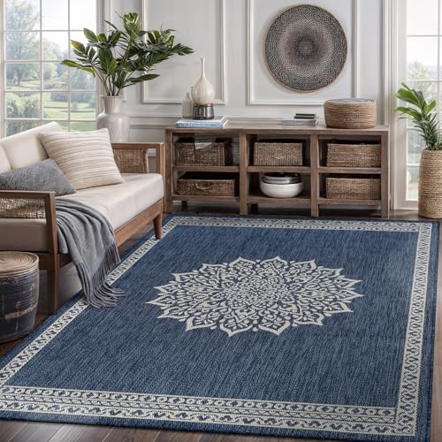 Outdoor Rug 5x7 Medallion Blue Modern Area Rugs for Indoor and Outdoor Patios Kitchen and Hallway Mats Washable Porch Deck Outside Carpet (35 Sq Ft)