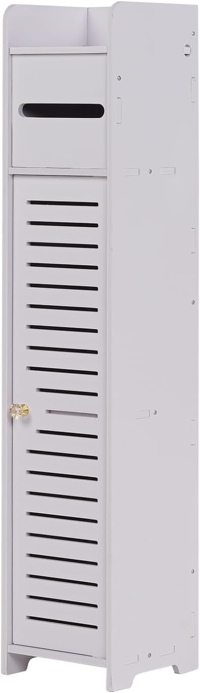 VECELO Bathroom Cabinet, Small Storage Cabinet with Toilet Paper Scroll,Corner Cabinet with Farmhouse Style Door for Bathroom Narrow Corner Space,Pearl White